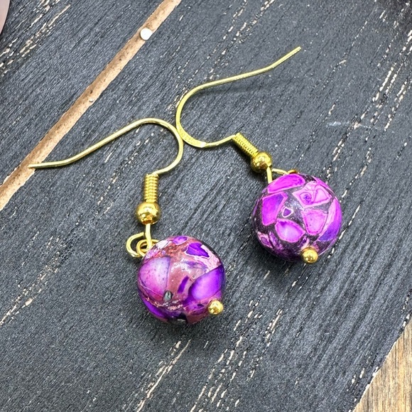 Elegant Gold and Purple Dangle Earrings mosaic turquoise - Picture 1 of 1